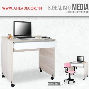Media – Bureau informatique sur roulettes avec Grand tiroir